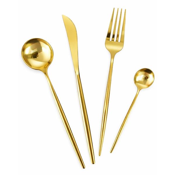 Conjunto Talheres 24 Peças Dourado Aço Inox Jogo Faca Garfo Colher Mesa