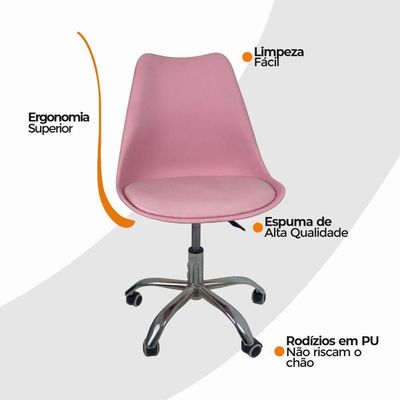 Cadeira Office Base Cromada Com Rodízio Giratória Saarinen Rosa 1