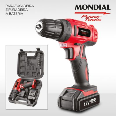Parafusadeira e Furadeira Mondial Power Tools FPF-06M Mandril 10mm Maleta Bateria 12V Bivolt