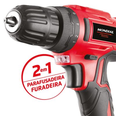 Parafusadeira e Furadeira Mondial Power Tools FPF-06M Mandril 10mm Maleta Bateria 12V Bivolt