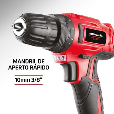 Parafusadeira e Furadeira Mondial Power Tools FPF-06M Mandril 10mm Maleta Bateria 12V Bivolt