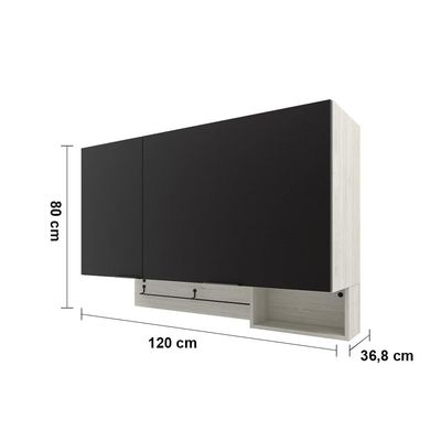 Armário Aéreo Bartira Rubi com 2 Portas, 2 Prateleiras e 120cm de Largura - Freixo/Preto Poah