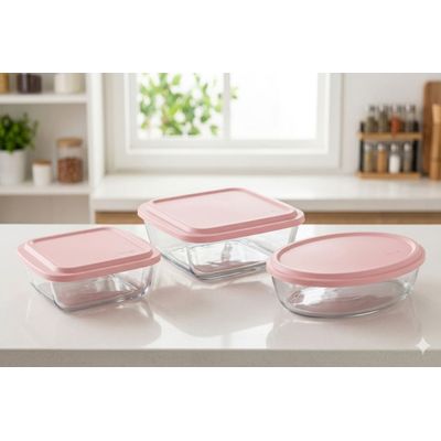 Conjunto de Assadeiras em Vidro Nadir Marinex com Tampa Plástica Rosa– 3 Peças