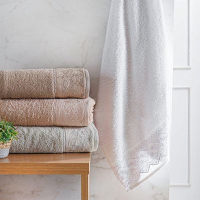 Toalha De Rosto Broderie 50x75cm 100% Algodão 400g-m² Branco-lilás
