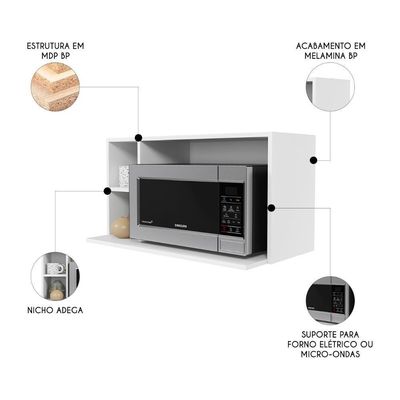 Suporte Microondas Aéreo 81cm Com Nicho Adega Miami Branco - Lumil