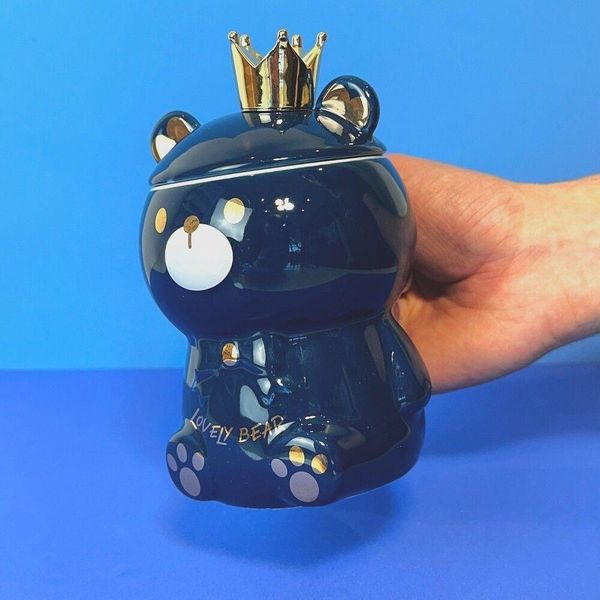 Caneca Porcelana 3d Com Tampa E Colher Ursinho Azul