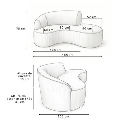 Sofá Curvo 3 Lugares 180cm Eron Braço Dir. Corano Sintético Caramelo - Nexta Casa