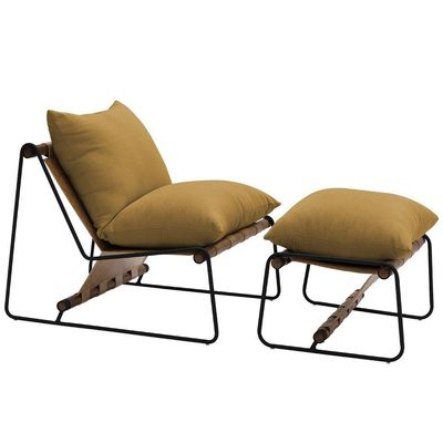 Kit Poltrona Com Puff Turim Base Aço Preto Recouro Camel Poliéster Mostarda - Nexta Casa