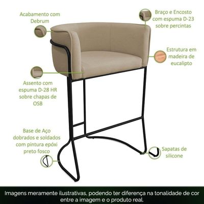 Banqueta Alta Com Encosto Betina Base Preto Linho Bege - Nexta Casa