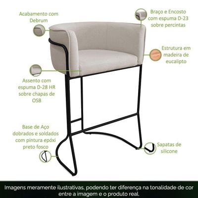 Banqueta Alta Com Encosto Betina Base Preto Poliéster Off White - Nexta Casa