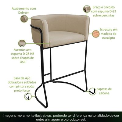 Banqueta Alta Com Encosto Betina Base Preto Linho Areia - Nexta Casa