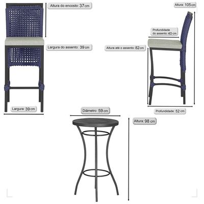 Mesa Bistrô Com 2 Banquetas Roma Preta Corda Náutica 3 Trama Azul