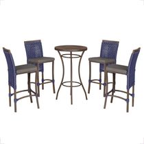 Mesa Bistro E 4 Banquetas Roma Marrom Corda Náutica 11 Azul