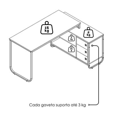 Escrivaninha De Canto 3 Gavetas P1063 Oak Preto Pp Milani Store