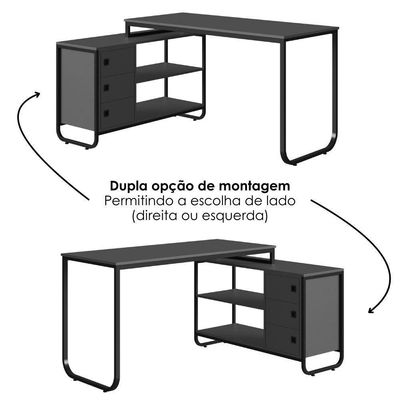 Escrivaninha De Canto 3 Gavetas P1063 Grafite Preto Pp Milani Store