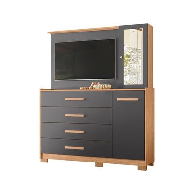 Cômoda Quarto Com Painel Para Tv Ilhabela 4 Gavetas 2 Portas Freijo-titanium
