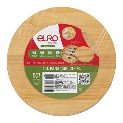 Conjunto Euro Home Tábua de Bambu com 3 Utensílios para Queijo 4 Peças
