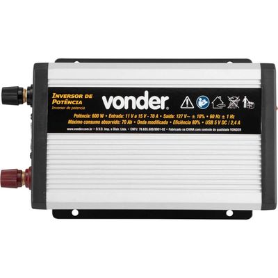 Inversor de Potência Automotivo 600W 12V DC para 127V Vonder Converte CC em CA