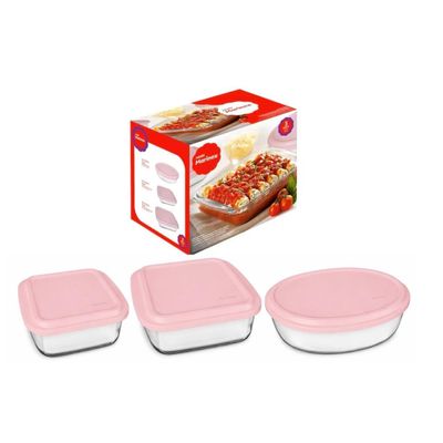 Conjunto de Assadeiras em Vidro Nadir Marinex com Tampa Plástica Rosa– 3 Peças