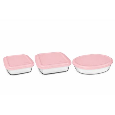 Conjunto de Assadeiras em Vidro Nadir Marinex com Tampa Plástica Rosa– 3 Peças