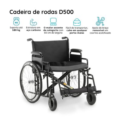 Cadeira de Rodas Manual Dobrável Para Obeso 180 Kg assento 62 cm D500 Dellamed Preto