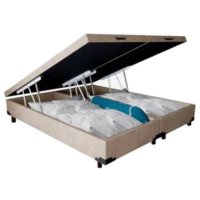 Cama Box Baú Queen Bipartido Suede Mega Cama Bege 158x198x45cm