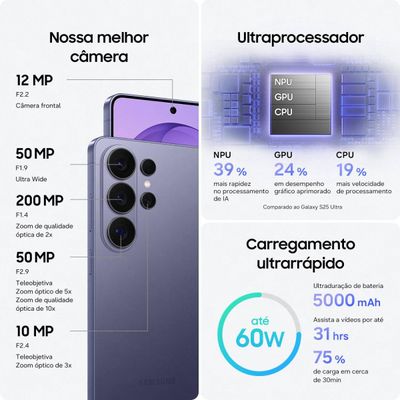 Smartphone Samsung Galaxy S26 Ultra 5G Tela 6.9" 256GB Câmera Quadrupla 200MP Preto / Bivolt
