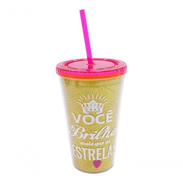 Copo Canudo Você Brilha 450ml Dourado - Projeto Kiwi