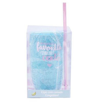 Copo Canudo Azul Gel Congelante 500ml - Projeto Kiwi