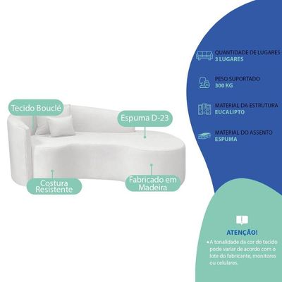 Kit Recamier Curvo Sala De Estar Inglaterra 200cm Lado Direito E 2 Poltronas Orgânica Bouclé Branco