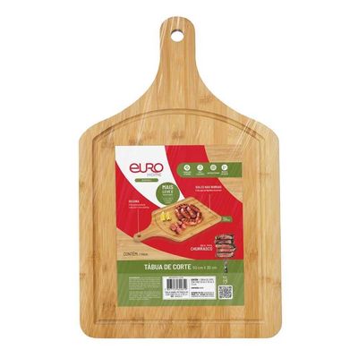 Tábua de Churrasco Euro Home Retangular 50x30cm Sulcos e Cabo Bambu Natural