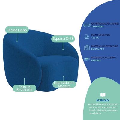 Kit Divã Recamier Orgânico França 250cm Lado Direito E Poltrona Amore Linho Azul Royal