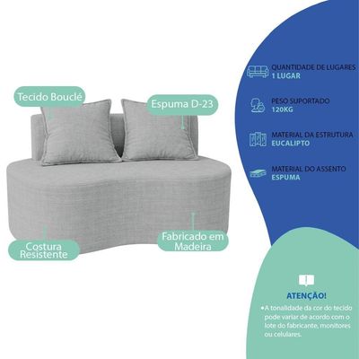 Sofá Bellé 100cm Moderno Confortável Sala Estar Luxo Bouclé Cinza