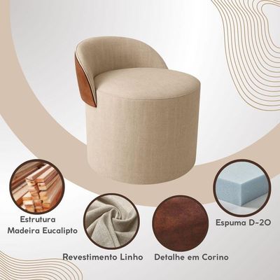 Puff Encosto Corino Linho Sala Orgânico Quarto Redondo Banco cinza