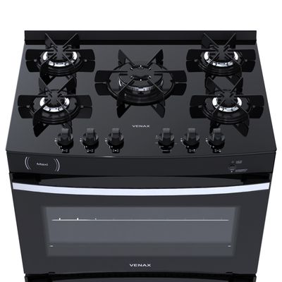 Fogao 5 Bocas Venax Maxi Vitreo Preto Fosco Gas Glp