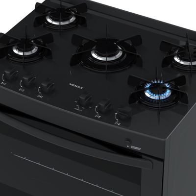Fogao 5 Bocas Venax Delplus Vitreo Bl Preto Fosco Gas Glp