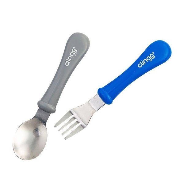Colher E Garfo De Metal Colors Azul-cinza Para Bebê