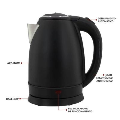 Chaleira Elétrica 1,8l Em Inox Preta 220V 1500w Rápida Fervura