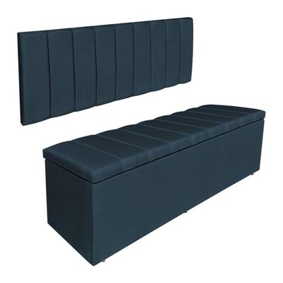 Kit Cabeceira Painel E Calçadeira Recamier Baú Solteiro 0,90m Holanda Suede Azul Marinho - Pallazio