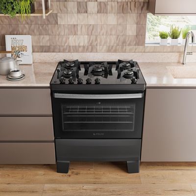 Fogão Atlas Agile Up Glass 5 Bocas com Mesa de Vidro e Tripla Chama Bivolt Preto
