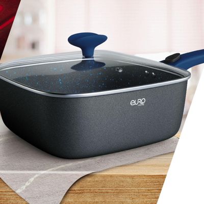 Conjunto Panela e Fritadeira Euro Home Smart Click Antiaderente Soft Touch Tampa de Vidro Azul