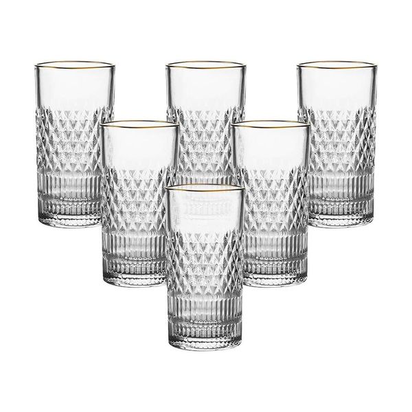 Jogo de Copos Altos L`Hermitage Esplanada 350ml com Borda Dourada em Cristal Ecológico - 6 Peças