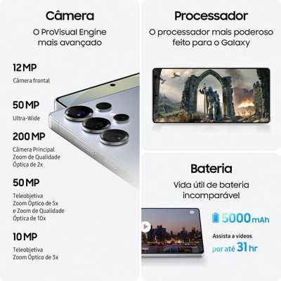 Smartphone Samsung Galaxy S25 Ultra Titânio Cinza 256GB, Tela 6.9", 12GB RAM, AI Inteligência Artificial, IP68, S-Pen, Snapdragon 8 Elite e 4 Câmeras
