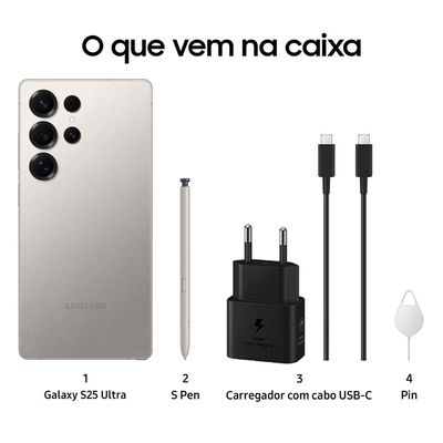 Smartphone Samsung Galaxy S25 Ultra Titânio Cinza 256GB, Tela 6.9", 12GB RAM, AI Inteligência Artificial, IP68, S-Pen, Snapdragon 8 Elite e 4 Câmeras
