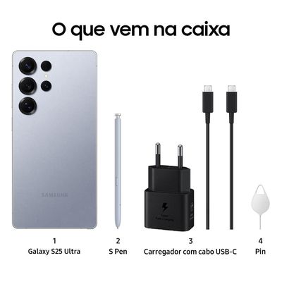 Smartphone Samsung Galaxy S25 Ultra Titânio Azul 256GB, Tela 6.9", 12GB RAM, AI Inteligência Artificial, IP68, S-Pen, Snapdragon 8 Elite e 4 Câmeras