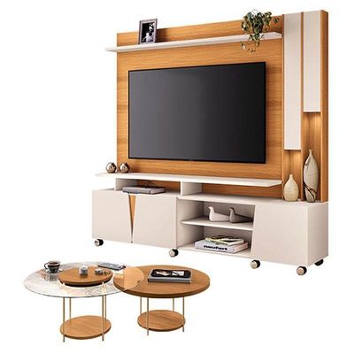 Estante Home Theater Virtus Cinamomo Off White Com Kit Mesa De Centro Sky Cinamomo - Hb Móveis