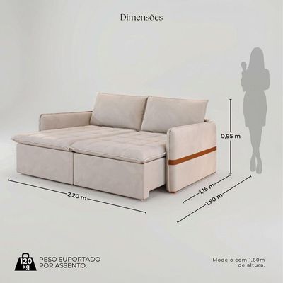 Sofá Cama Retrátil 4 Lugares Bárbara 2,20m Veludo Creme