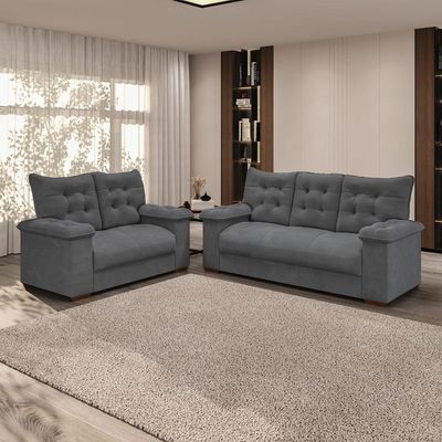 Conjunto Sofá 3 E 2 Lugares Irlanda Veludo Cinza