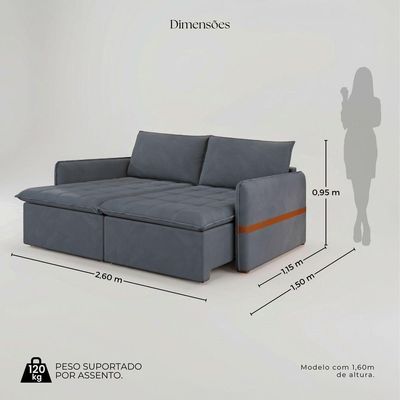 Sofá Cama Retrátil 4 Lugares Bárbara 2,60m Veludo Cinza