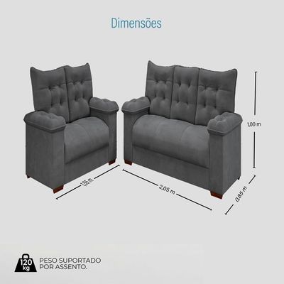 Conjunto Sofá 3 E 2 Lugares Irlanda Veludo Cinza